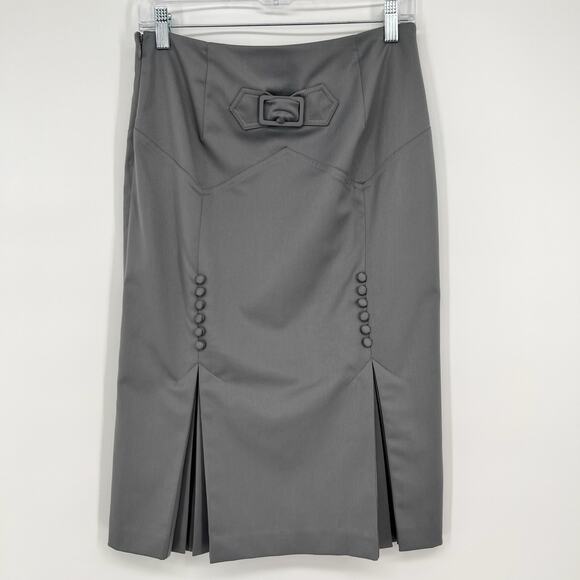 Body by Victoria Midi Pencil Skirt 4 Gray Pleated Buckle Back Button Kick Pleat - Picture 1 of 10